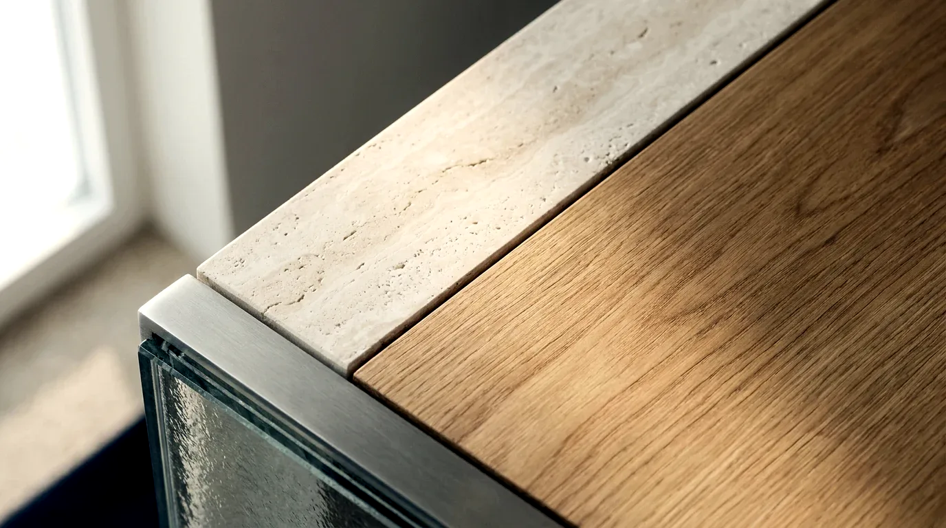 Detalle de piedra travertino, madera cálida y vidrio — materiales de los desarrollos WeSurf