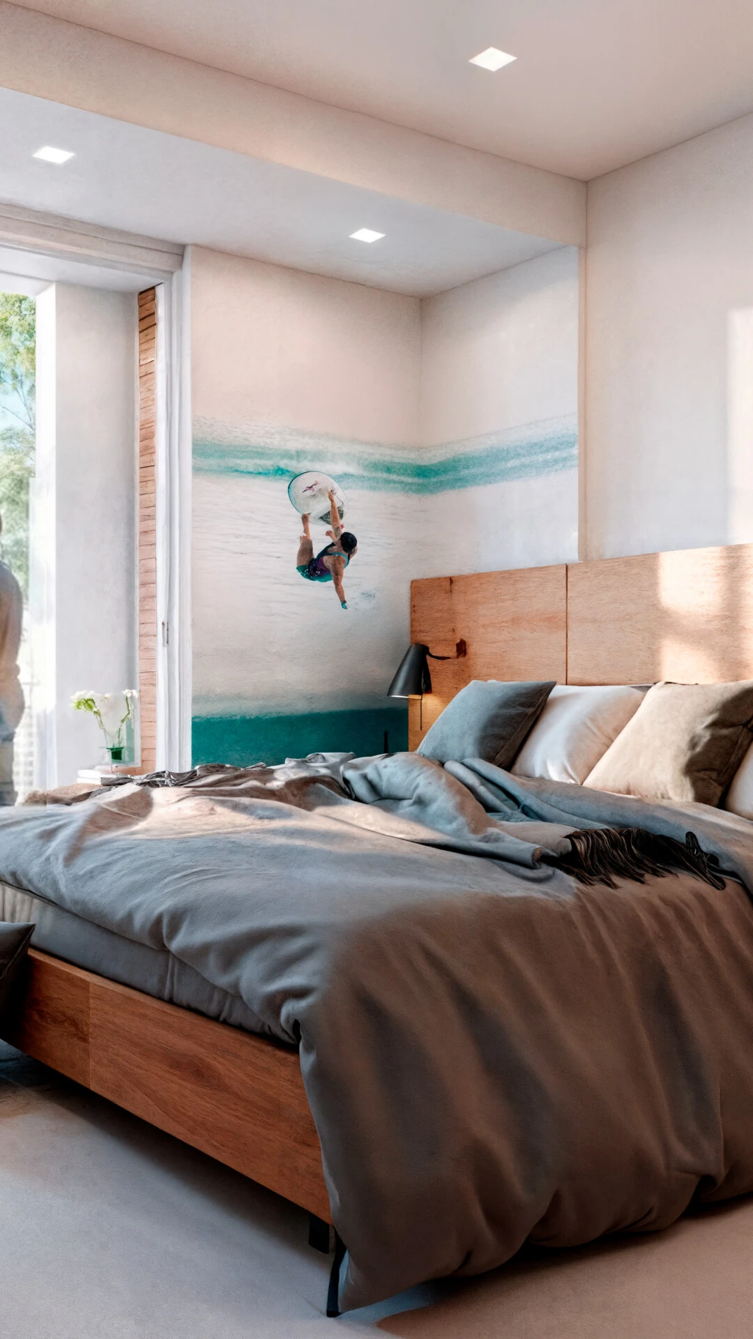 Dormitorio luminoso de un departamento WeSurf con mural de surf